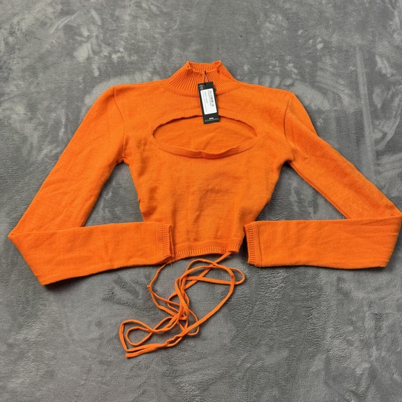 PrettyLittleThing Sweater Womens Small Orange Tie Back Long Sleeve Knit Crop Top - Picture 1 of 10
